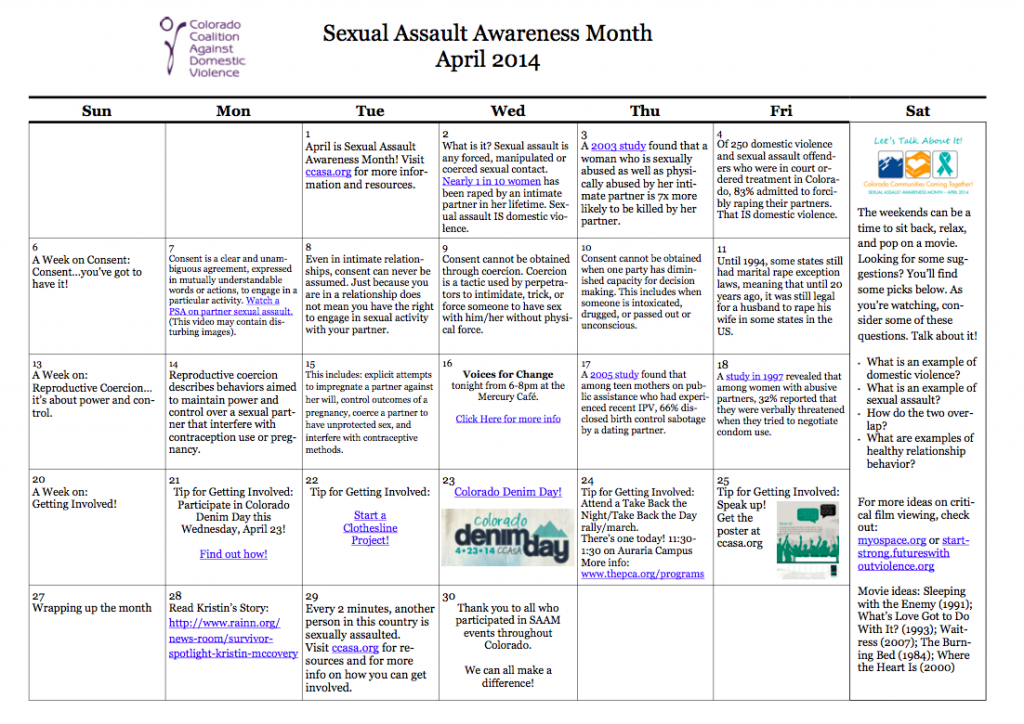 SAAM calendar for April 2014 - Violence Free Colorado